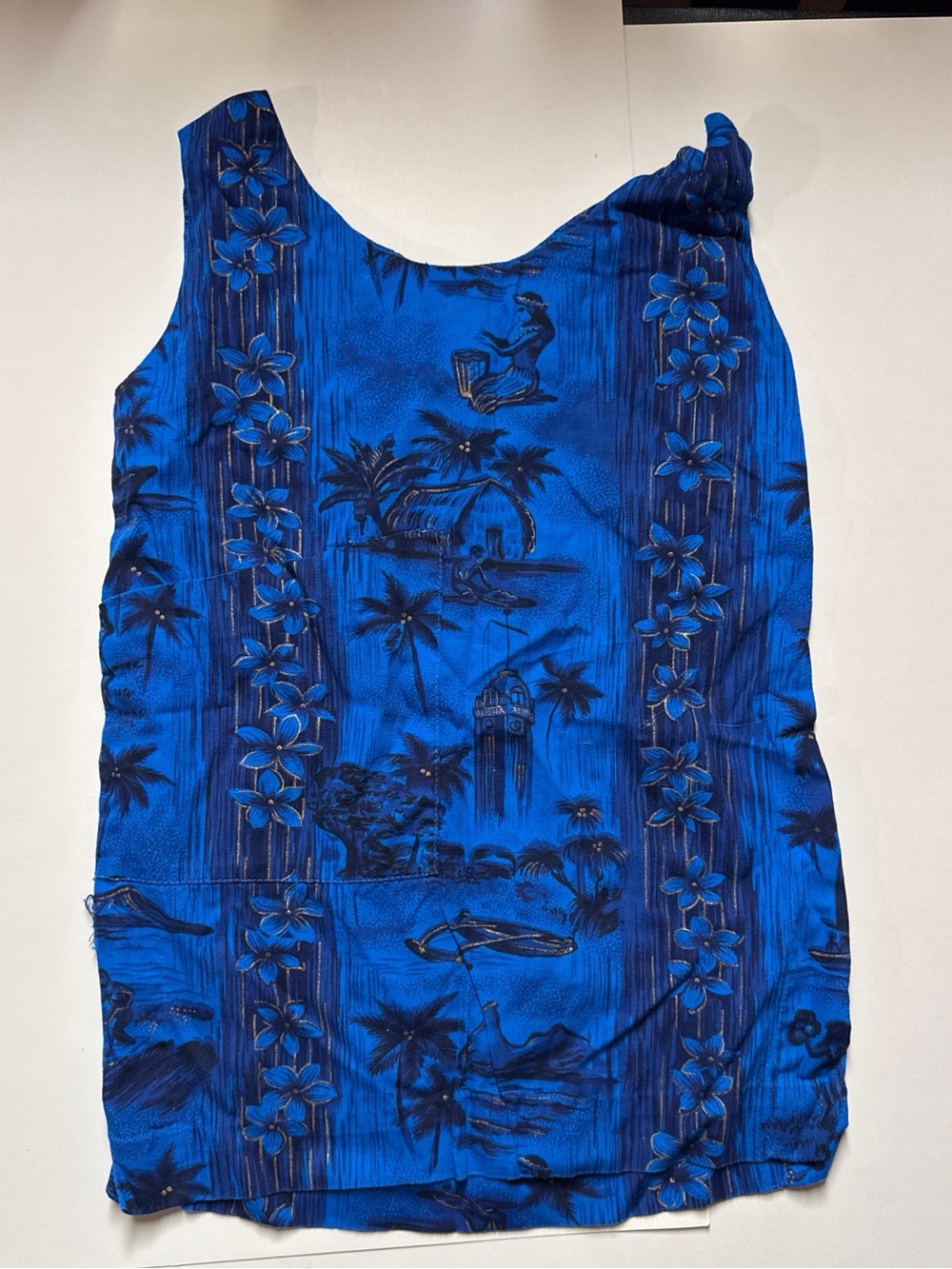 ⁠Vintage 60s Fashions of Hawaii Blue Palm Hula Print Shift Dress⁠